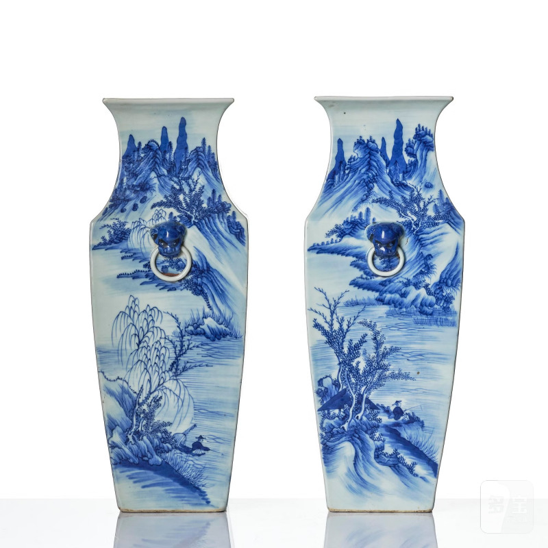 A pair of blue and white 'landscape' vases, - 图3
